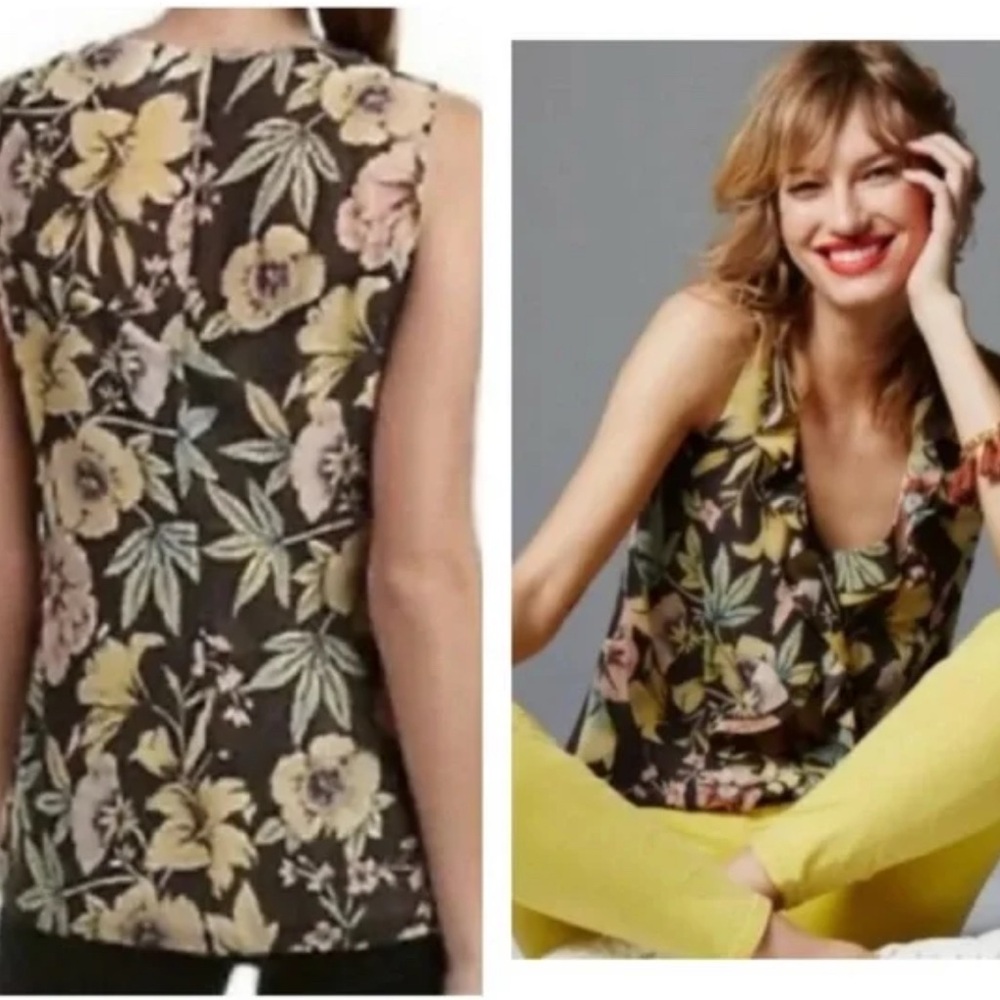 CAbi Osaka Nights Floral Ruffle  Print Blouse - Black and Cream